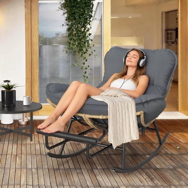 PNKKODW Oversized Papasan Rocking Chair with Footrest,Indoor Outdoor Padded Rocking Chair for Patio, Balcony, Porch, Living Room, Grey