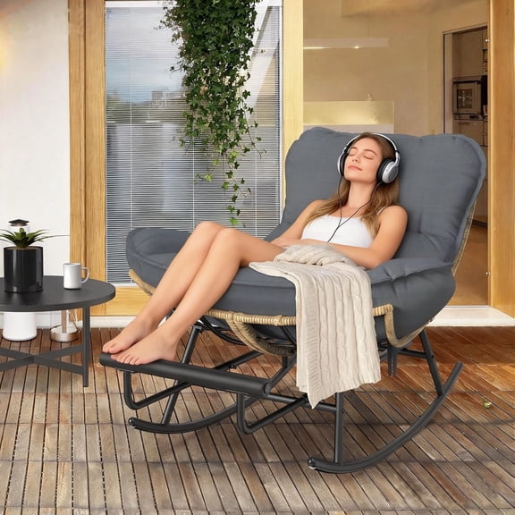 PNKKODW Oversized Papasan Rocking Chair with Footrest,Indoor Outdoor Padded Rocking Chair for Patio, Balcony, Porch, Living Room, Grey
