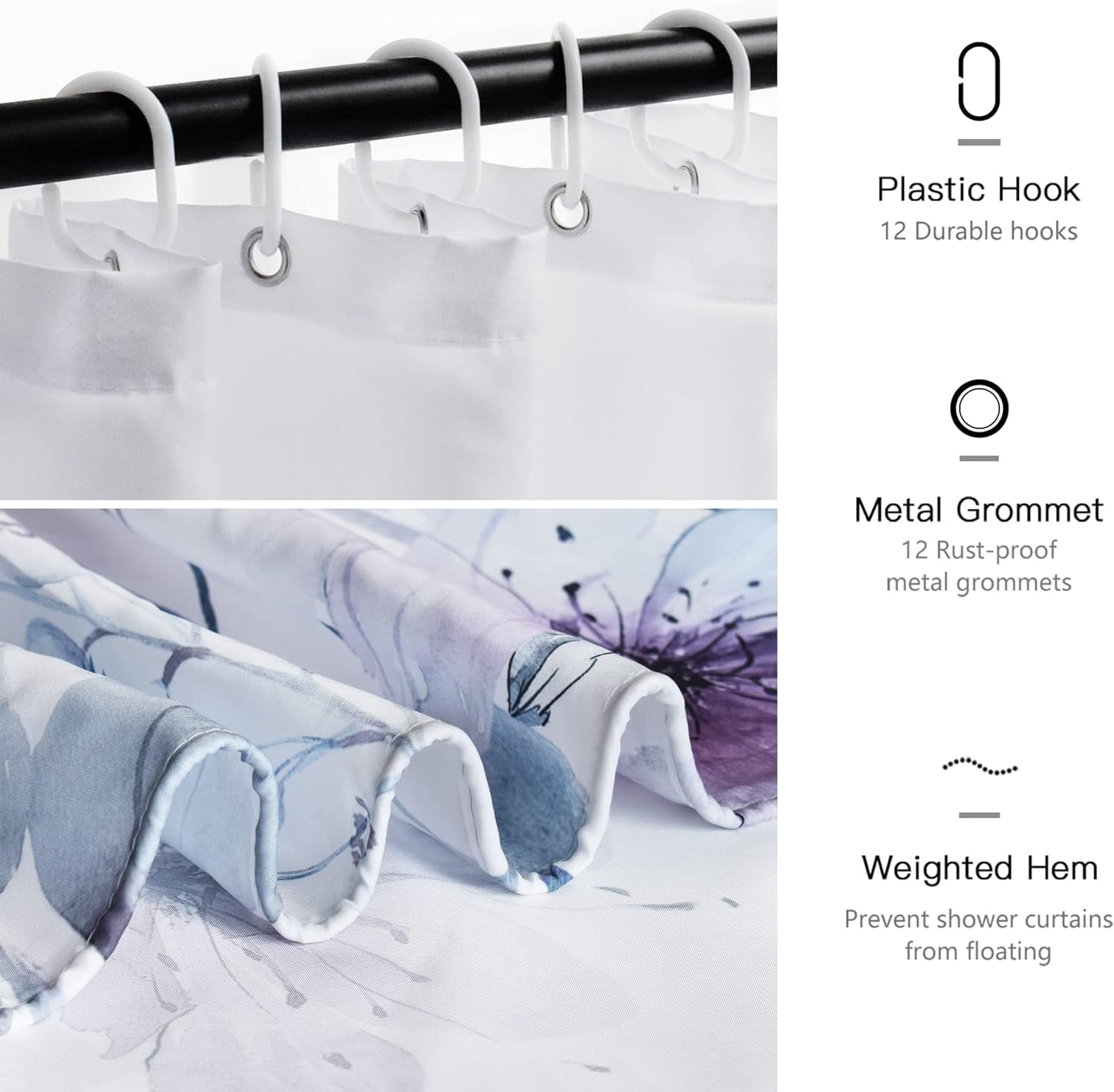Watercolor Floral Tall Shower Curtain Set, Colorful Flower Shower Curtains for Bathroom Pastel Wildflower Bathroom Decor Polyester Fabric-72" x 78"