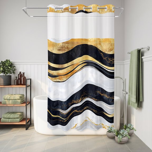 No Hook Shower Curtain Abstract Black White Gold Stripes Waterproof Fabric Shower Curtain Modern Hotel Style Bathroom Curtain with See Through Top Window Machine Washable 36x72in