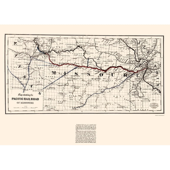 Railroad Map - Missouri Pacific Railroad - Colton 1865 - Vintage Wall Art