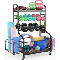 Weight Rack for Dumbbells, All in One Home Gym Storage Rack for Yoga Mat Dumbbells and Kettlebells Holder, 4 Tier Heavy Duty Metal Workout Gym Equipment Storage Organizer with Wheels and Hooks