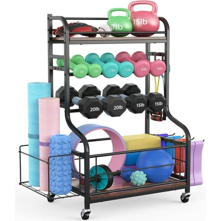 Weight Rack for Dumbbells, All in One Home Gym Storage Rack for Yoga Mat Dumbbells and Kettlebells Holder, 4 Tier Heavy Duty Metal Workout Gym Equipment Storage Organizer with Wheels and Hooks