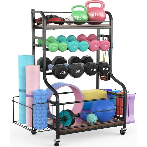 Weight Rack for Dumbbells, All in One Home Gym Storage Rack for Yoga Mat Dumbbells and Kettlebells Holder, 4 Tier Heavy Duty Metal Workout Gym Equipment Storage Organizer with Wheels and Hooks