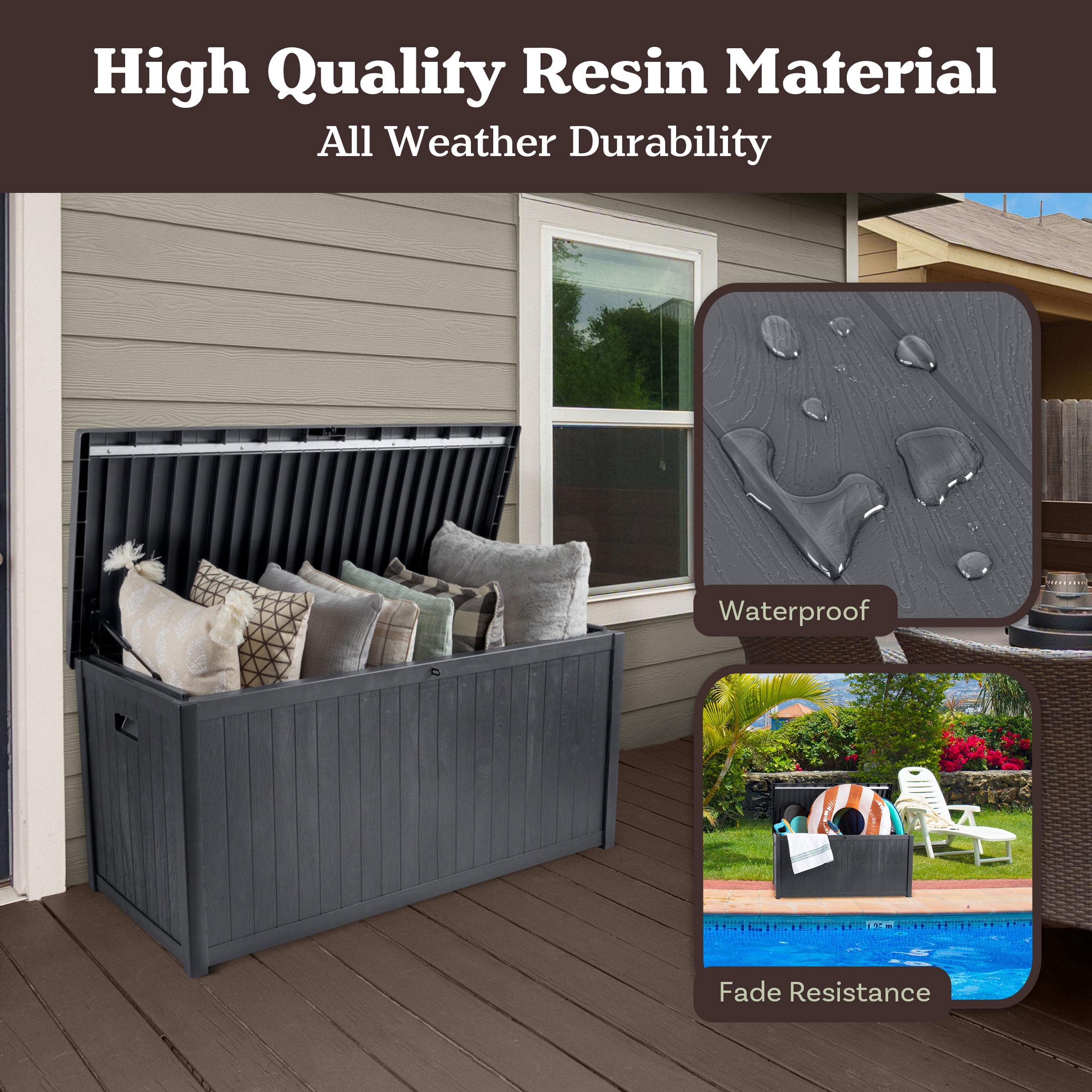 Pure Garden 113-Gallon Outdoor Storage Box - Durable Resin Deck Box, Gray