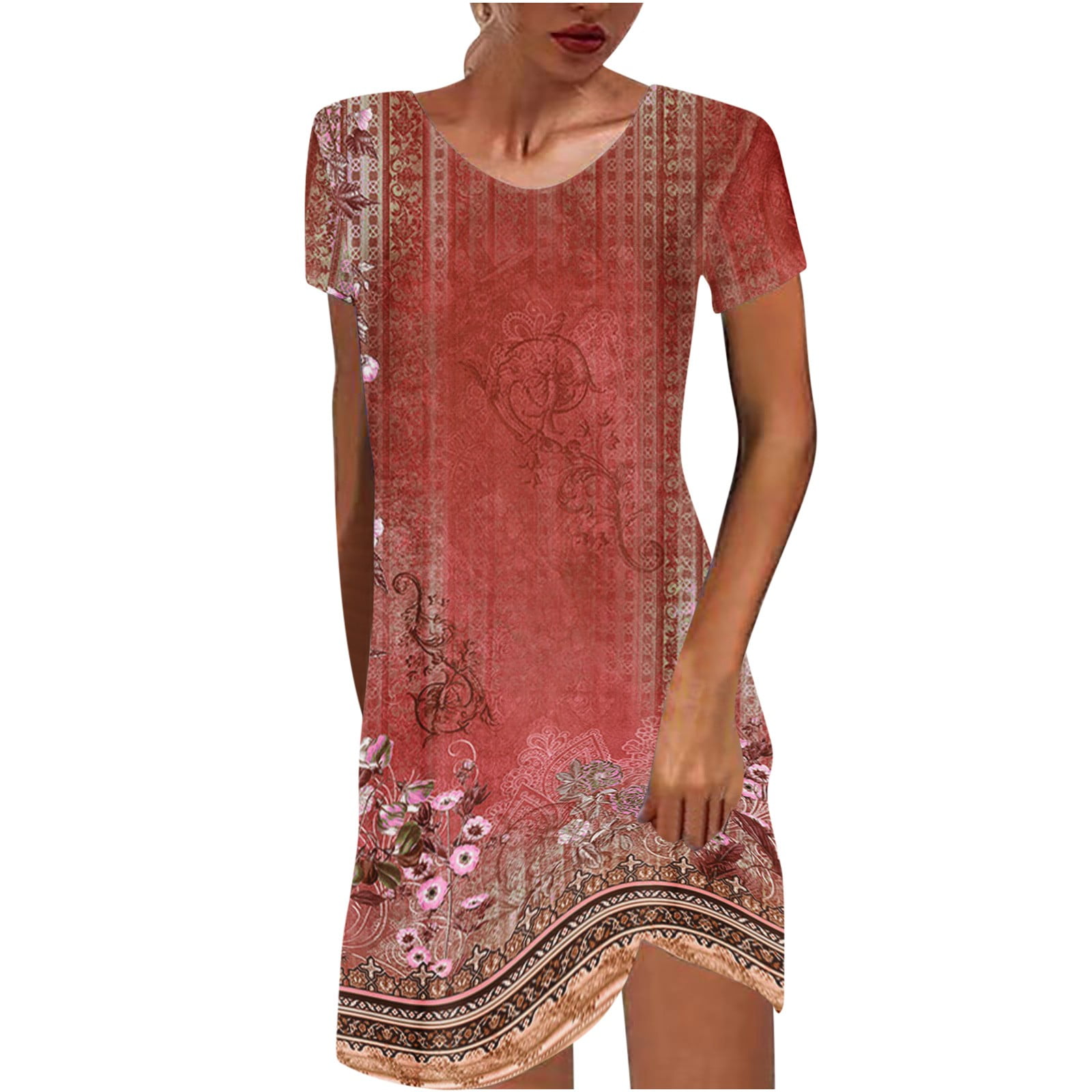 QIPOPIQ Holiday Dresses for Women Short Sleeve Trendy Round-Neck Print  Pullover Summer Dress Dress 2023 Deals