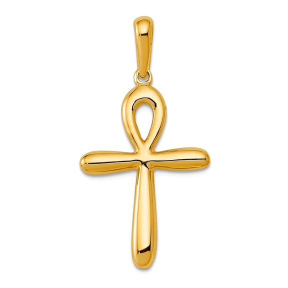 14k Yellow Gold Solid Polished Rounded Egyptian Religious Faith Cross Pendant Necklace 27.6x33.3mm Pendant for Women