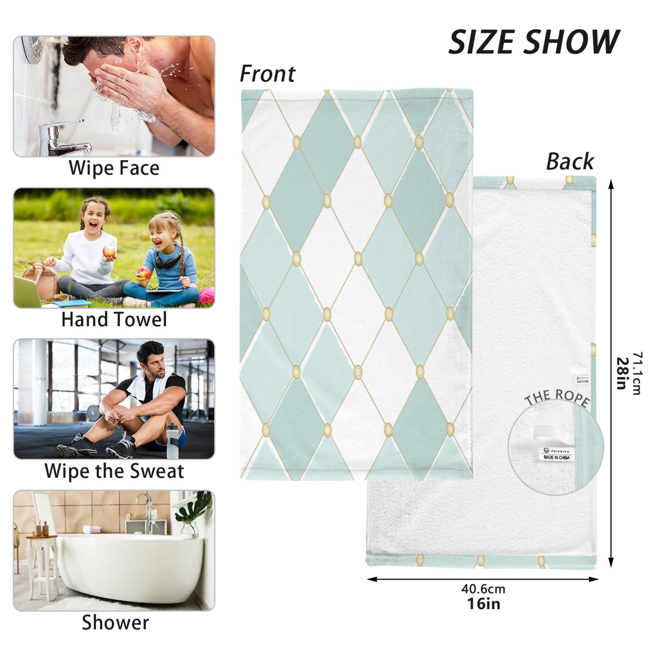 2 Pcs Absorbent Face Towel Bath Hand Towels Soft Breathable Cotton Towel Set for Bathroom Kitchen Hotel Spa Decor Pastel Teal Diamond Plaid
