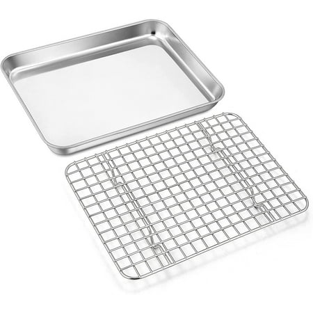 

9 Inch Baking Tray Pan & Cooling Rack Set Manss Stainless Steel Rectangular Toaster Oven Pan with Grid Rack for Cookies/ Meats/ Bacon Non-toxic & Heavy Duty Rust-free & Dishwasher Safe