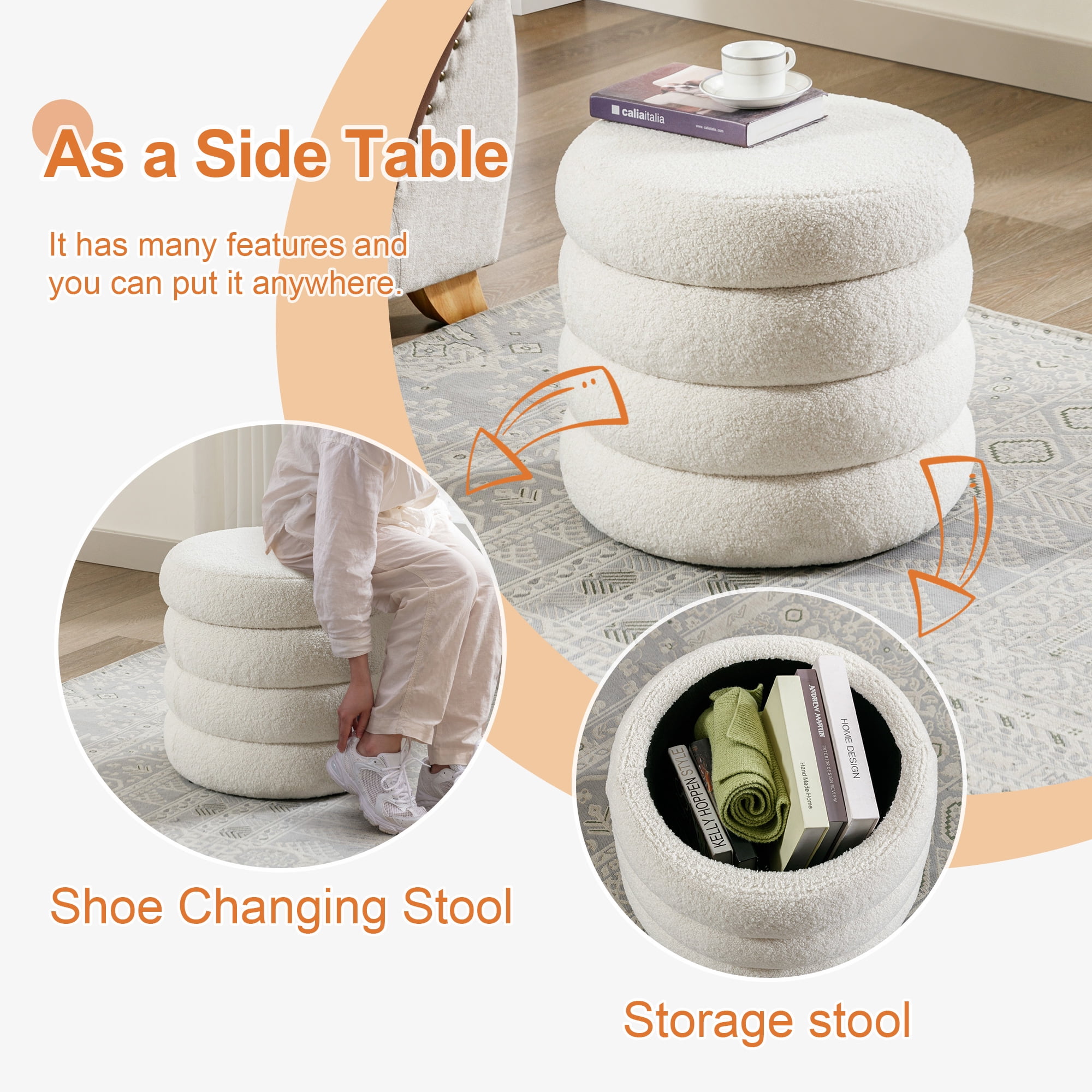 Zesthouse 19.5" Wide Round Boucle Storage Ottoman, Tufted Sherpa Ottoman Footstool for Living Room Bedroom, White