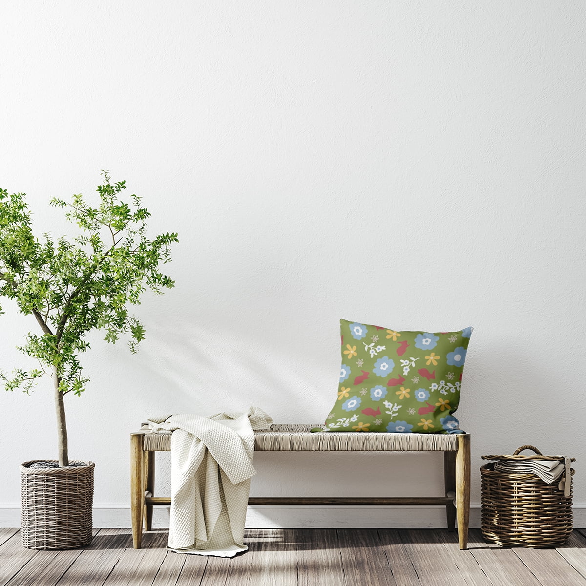 Simply Daisy 26-inch Square Flowery Love Bunnies Polyester Easter Throw Pillow, Apple Green Qty 1