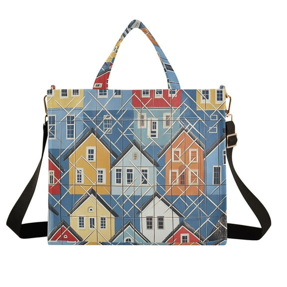 Lattice and Houses Corduroy Tote Bag Handbag Large Messenger Bag Shoulder Crossbody Zipper Bag Purse