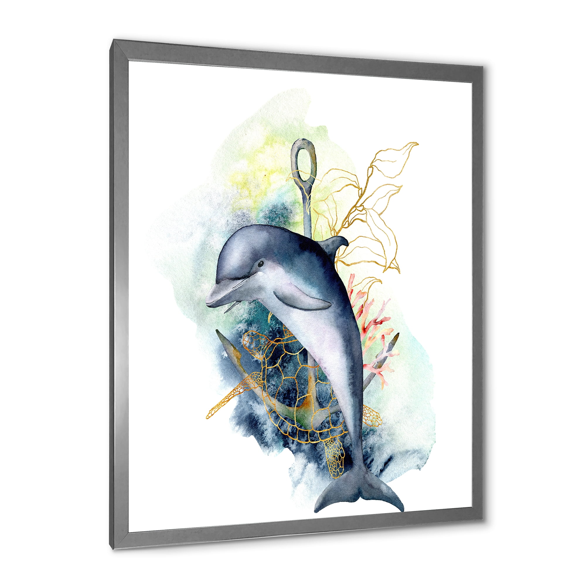 Designart 'Linear Coral Reef Plants and Dolphin Turtle Anchor' Nautical & Coastal Framed Art Print