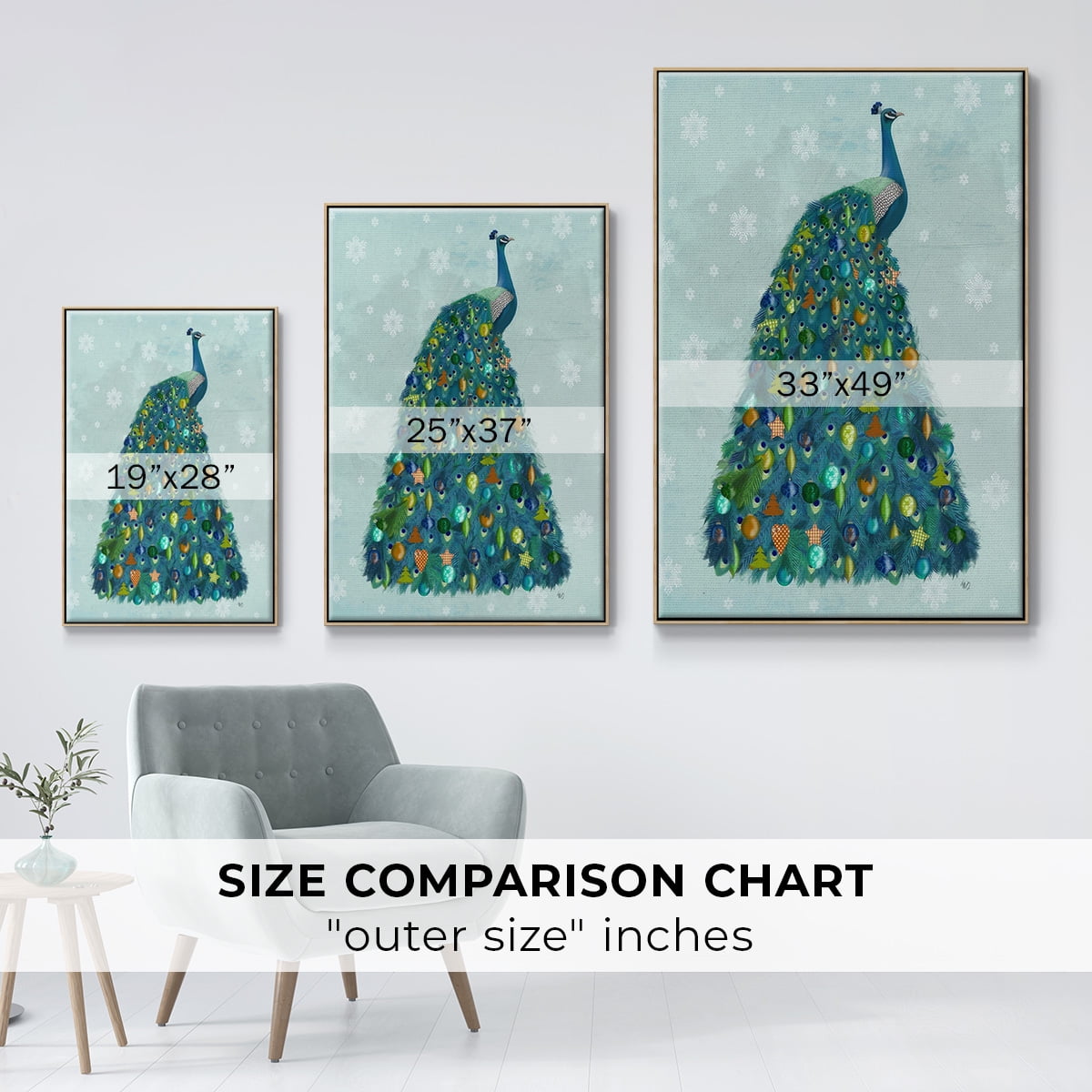 Christmas Peacock Christmas Tree - Framed Gallery Wrapped Holiday Canvas - 27 x 41 - Natural Wood Frame