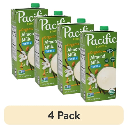 (4 pack) Pacific Foods Organic Vanilla Almond Milk, Plant Based Milk, 32 oz Carton
