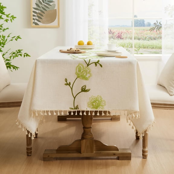 Tablecloth Rectangle, Linen Cotton Tablecloth with Tassels, Heavy Duty Table Cloth with Green Twig, Floral Farmhouse Table Cover Cloth Decorative for Kitchen Dining (140*180cm)