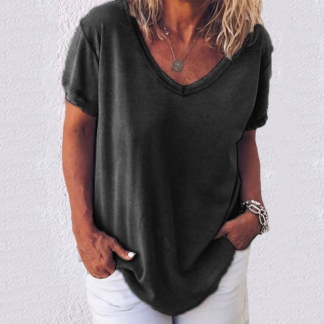 Women's Loose Large Casual Fashion Simple Solid Color V-neck Short Sleeve T-Shirt