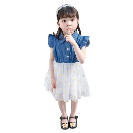 

AIMAOMI Toddler Baby Girls Fly Sleeve Denim Splice Floral Print Tulle Princess Dress H