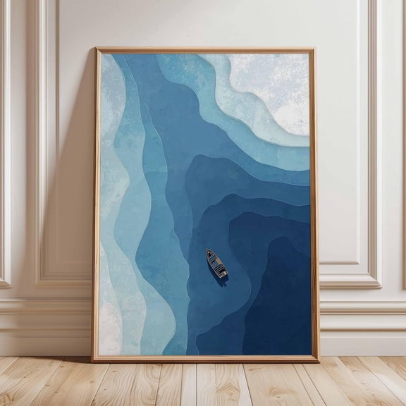 Minimalist Abstract Ocean Waves Art Print, Modern Coastal Wall Decor, Aesthetic Blue, Nautical Sea, Poster, Unfreamed 8x12