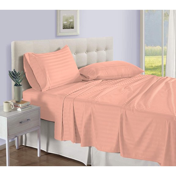 D.N.G. BEDDINGS Luxury 4 Piece Sheet Set with 10 Inch Deep Pocket 800 Thread Count 100% Egyptian Cotton Stripe Peach Color Cal King Size