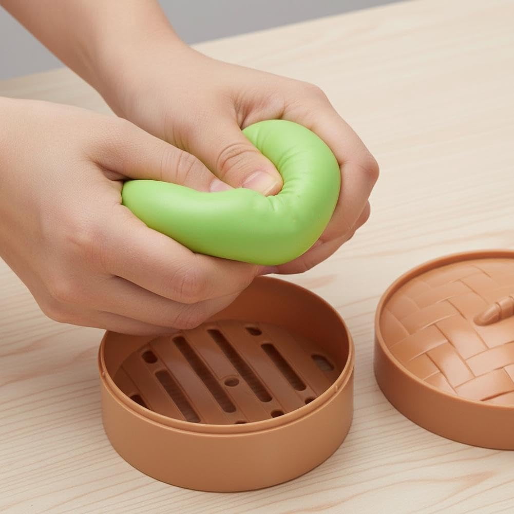 Cute Squishy Dumpling Large with Steamer, Squishy Dumpling Doll with Cute Expressions, Silicone Bun Sensory Fidget Dolls, Hand Pinching Decompression Dolls