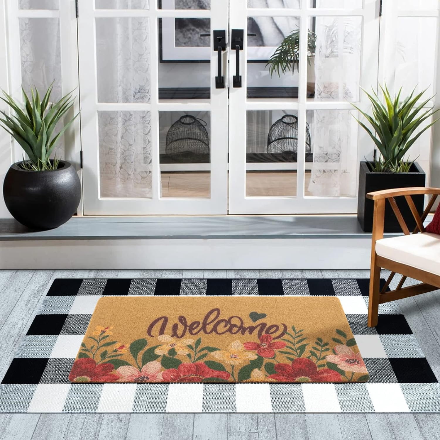 Artificial Coir Doormat with Non-Slip Backing for Indoor and Outdoor 17 x 30 inch Front Door Welcome Mat Spring Summer Seasonal Doormat,Welcome Flowers