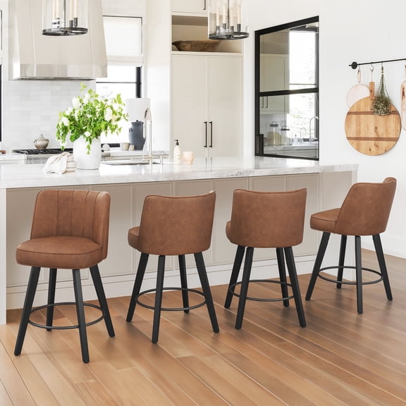 Dycanpo 26" Counter Height Bar Stools with Back Set of 4, Swivel Leather Barstool Upholstery for Kitchen, Brown