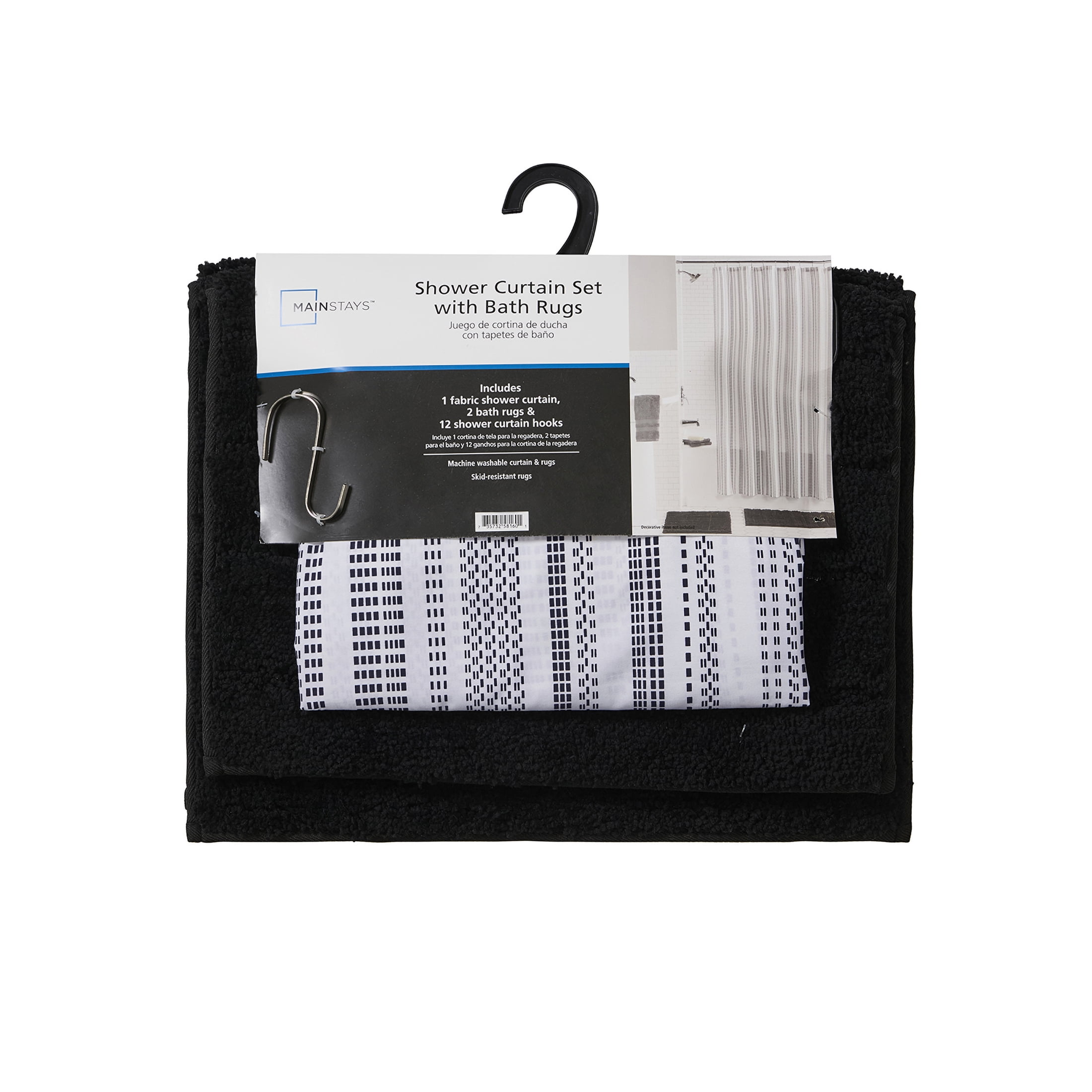 Mainstays 15-Piece Black & White Stripe Bathroom Set – Shower Curtain, Bath Rugs & Hooks, Modern Washable Polyester