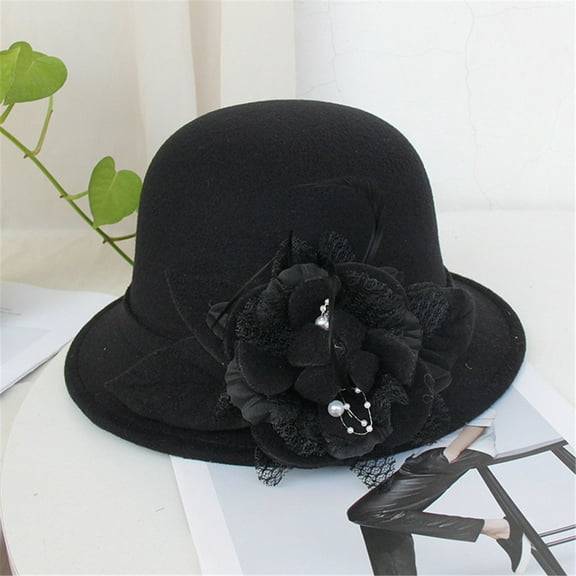 WNEGSTG tea Party Vintage French Top hat fedora Floral Wool Dress Cloche Classic Winter Hat 1920s