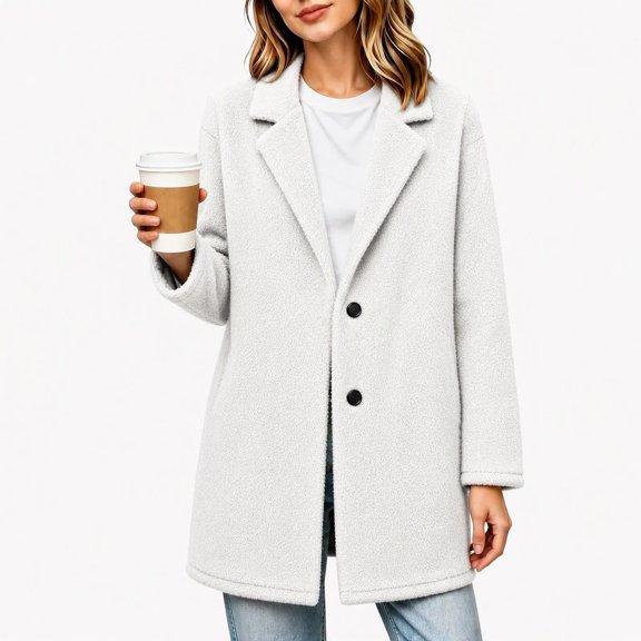 Women's Fleece Peacoat Plush Notch Lapel Collar Jacket Mid Length Winter Single Button Trench Outerwear