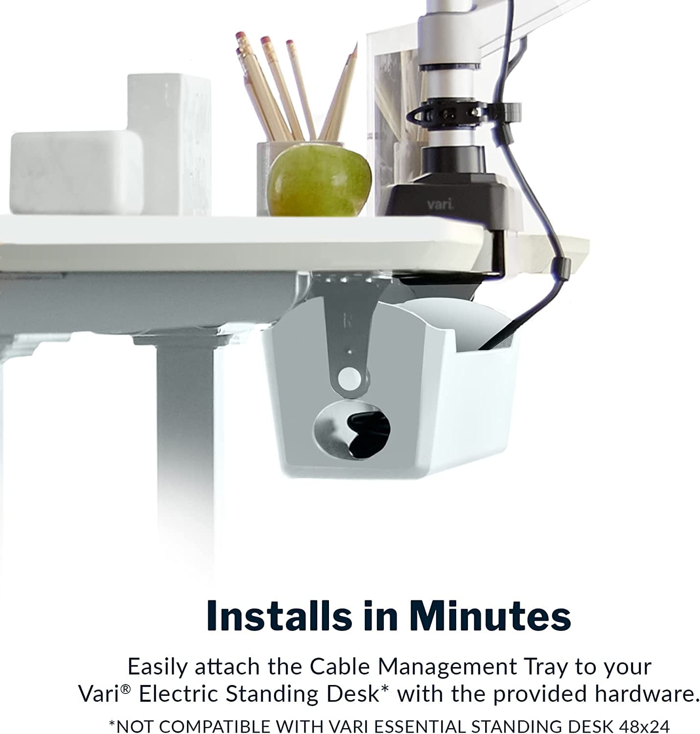 Vari Cable Management Tray - Under Desk Cord & Wire Organizer - Ideal for Home Office Sit Stand Desks - Fits Adjustable Electric Standing Desk 48x30, 60x30, 60x24, 72x30 - Easy Assembly (White)