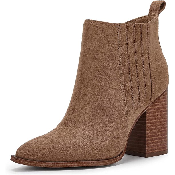 Ashuai Womens Pointed Toe Slip on Stacked Mid Block Heel Shoes Faux