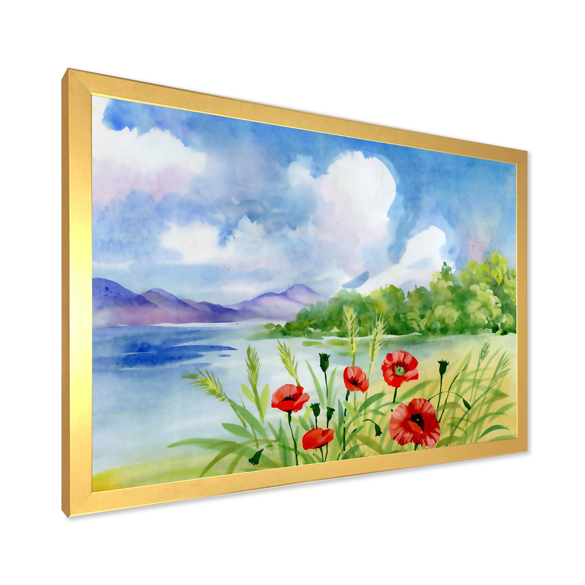 Designart 'Red Tulips On The Bank Near A River Mountain' Lake House Framed Art Print