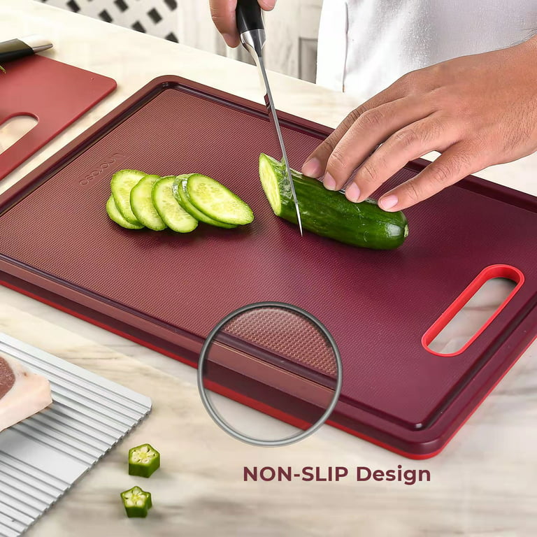 Linoroso Cutting Boards for Kitchen with Defrosting Tray Set of 3, Dishwasher Safe Plastic Cutting Board with Deep Juice Grooves