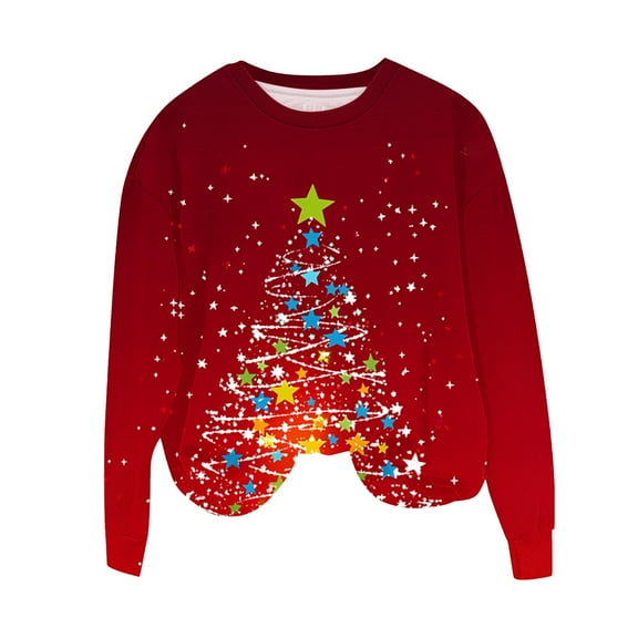 Christmas Sweatshirts Women Long Sleeve Pullovers Christmas Tree Graphic Tops Fleece Brushed Sweatshirt Santa Claus Shirts Shining Lights Clothes Loose Casual Outfits Garland Top