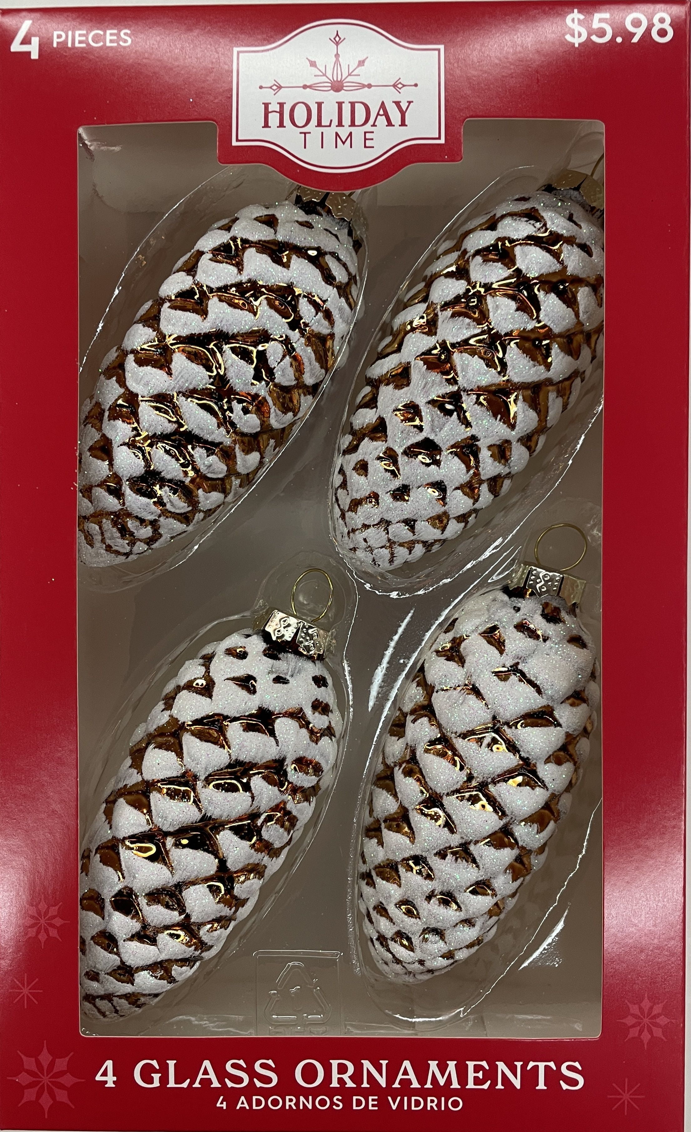 Holiday Time 4 Count Pine Cones Glass Christmas Ornaments, 65mm, Boxed Glass, Copper