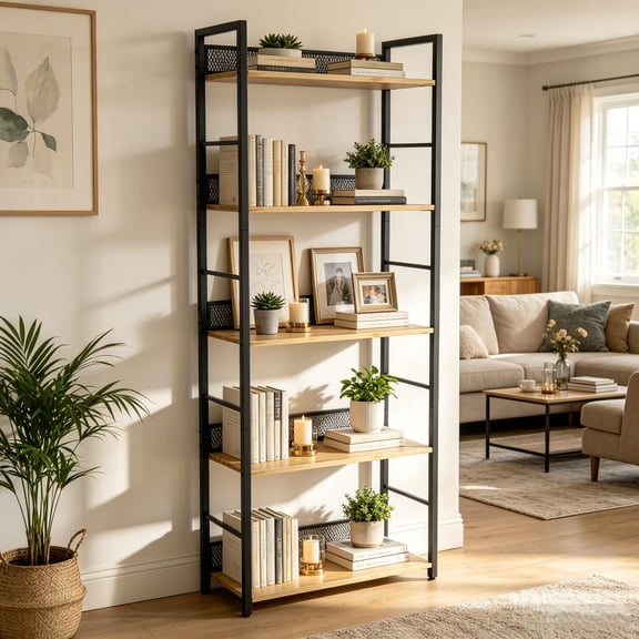 Kicctian 5-Tier Tall Bookshelf – Narrow Metal & Wood Storage Rack, Open Display Organizer for Living Room, Bedroom, Home Office,Black