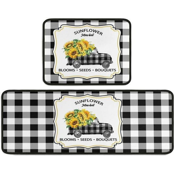 2 Pieces Sunflower Truck Decor Kitchen Mat Buffalo Plaid Kitchen Rugs Set Black and White Rug, Water Absorb Microfiber Mat Checkered Rug for Kitchen,17"x 47" 17" x 23