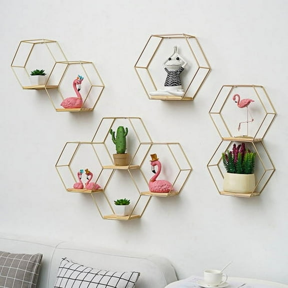 Leaveforme Geometric Hexagon Shaped Floating Shelves, Honeycomb Shelves, Home Decor, Metal Wire and Rustic Wood Wall Storage Shelves for Bedroom, Living Room, Bathroom, Kitchen and Office