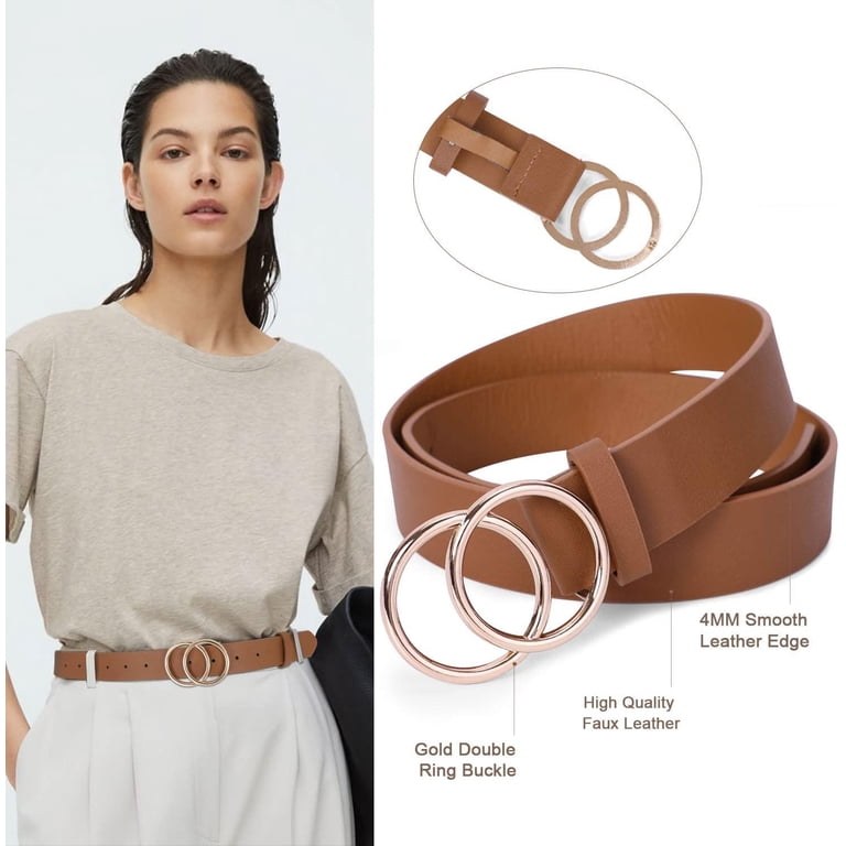 2 Packs New Leather Belt with Gold Double O-Ring Buckle 2 Pack Kids Leather Belts For Girls Solid Colors Skinny Belt  main image 2