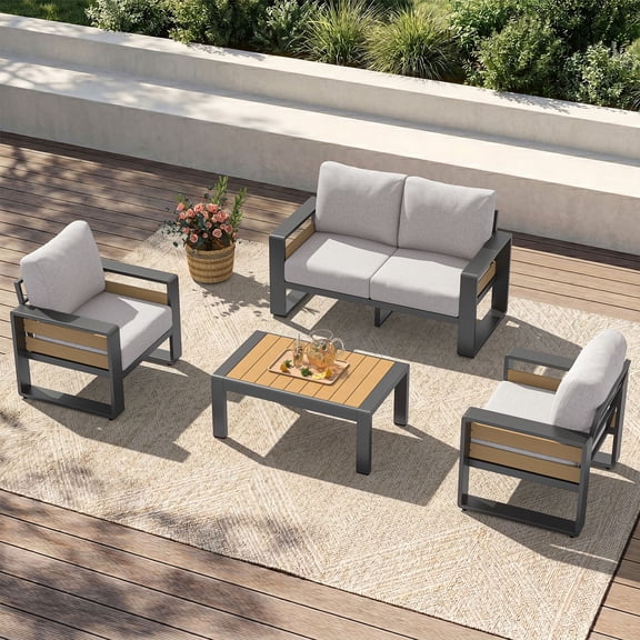 Clouddwell 4-Seats Aluminum Patio Furniture Set, Outdoor Metal Sofa Conversation Set with Coffee Table for Pool Garden Porch Backyard, Light Gray
