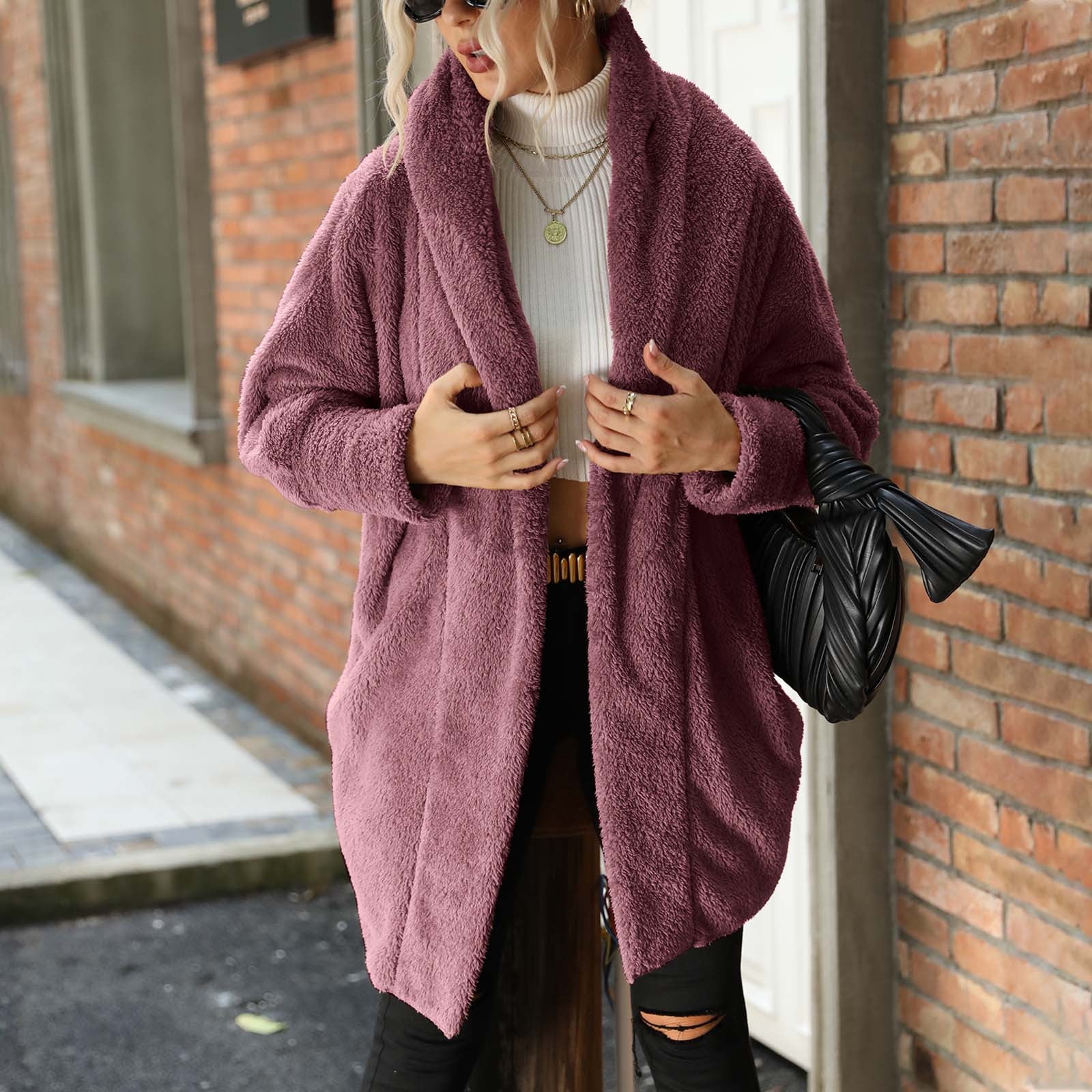 Virmaxy Women's Fuzzy Fleece Shawl Neck Open Front Long Virmaxy Women's Fuzzy Fleece Shawl Neck Open Front Long