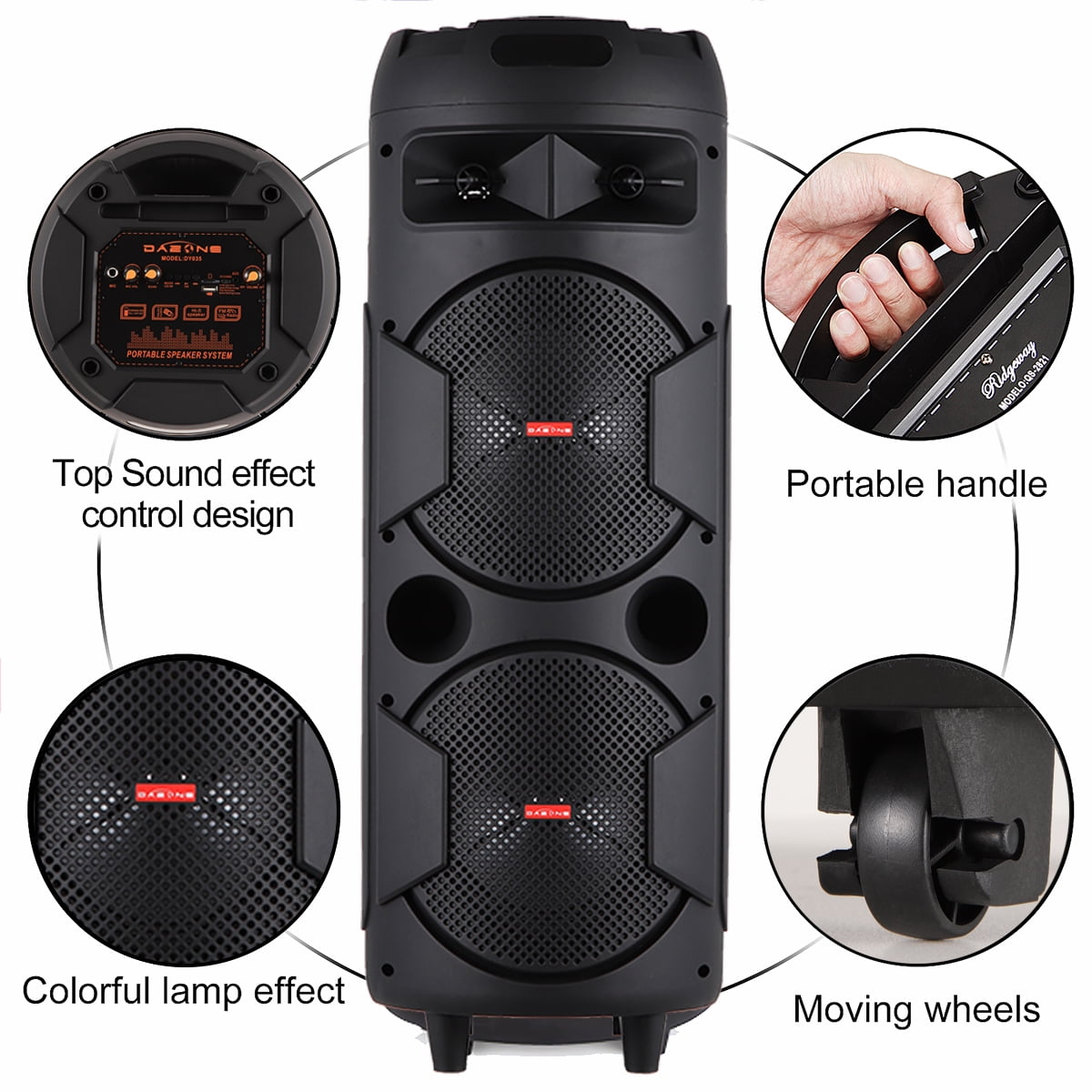 RIDWIND 6000W Peak Power Bluetooth Speakers Portable Wireless Speaker with Double 8 inch Subwoofer Heavy Bass,FM Radio, Microphone, Lights, Remote Control TWS Stereo Sound System Speaker