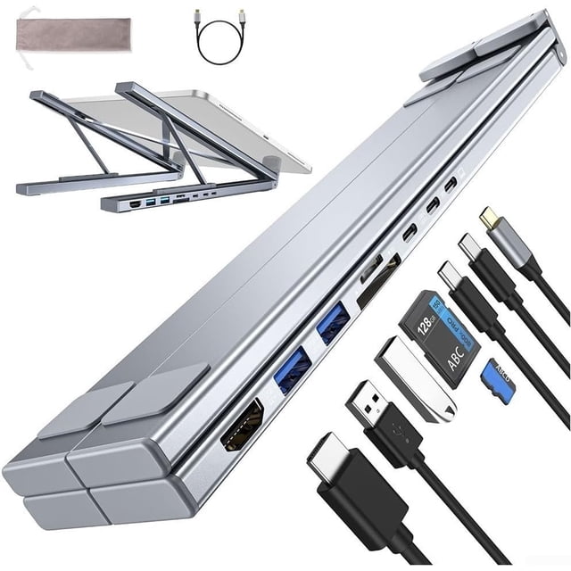 8-in-1 USB C Laptop Docking Station Stand, Laptop Tablet Stand Adjustable, SD/TF Card Slots Fast Charging, Multiport Adapter Computer Cooling Stand, Cooling Riser Office Workstation Hub