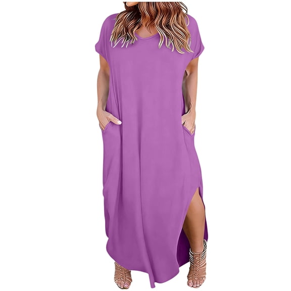 aohooy Women Summer T Shirt Dress Plus Size Casual Short Sleeve V Neck Maxi Dresses Loose Side Slit Long Dress with Pocket 2026 Purple,XXXXL