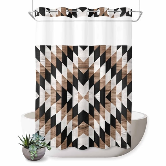 No Hook Shower Curtain with Built-in Rings - Rustic Boho Washable Waterproof Fabric Bathroom Curtains for Hotel,Rentals, 72 X 84 Inch Extra Long , Southwestern Aztec Tribal Wood Texture Brown