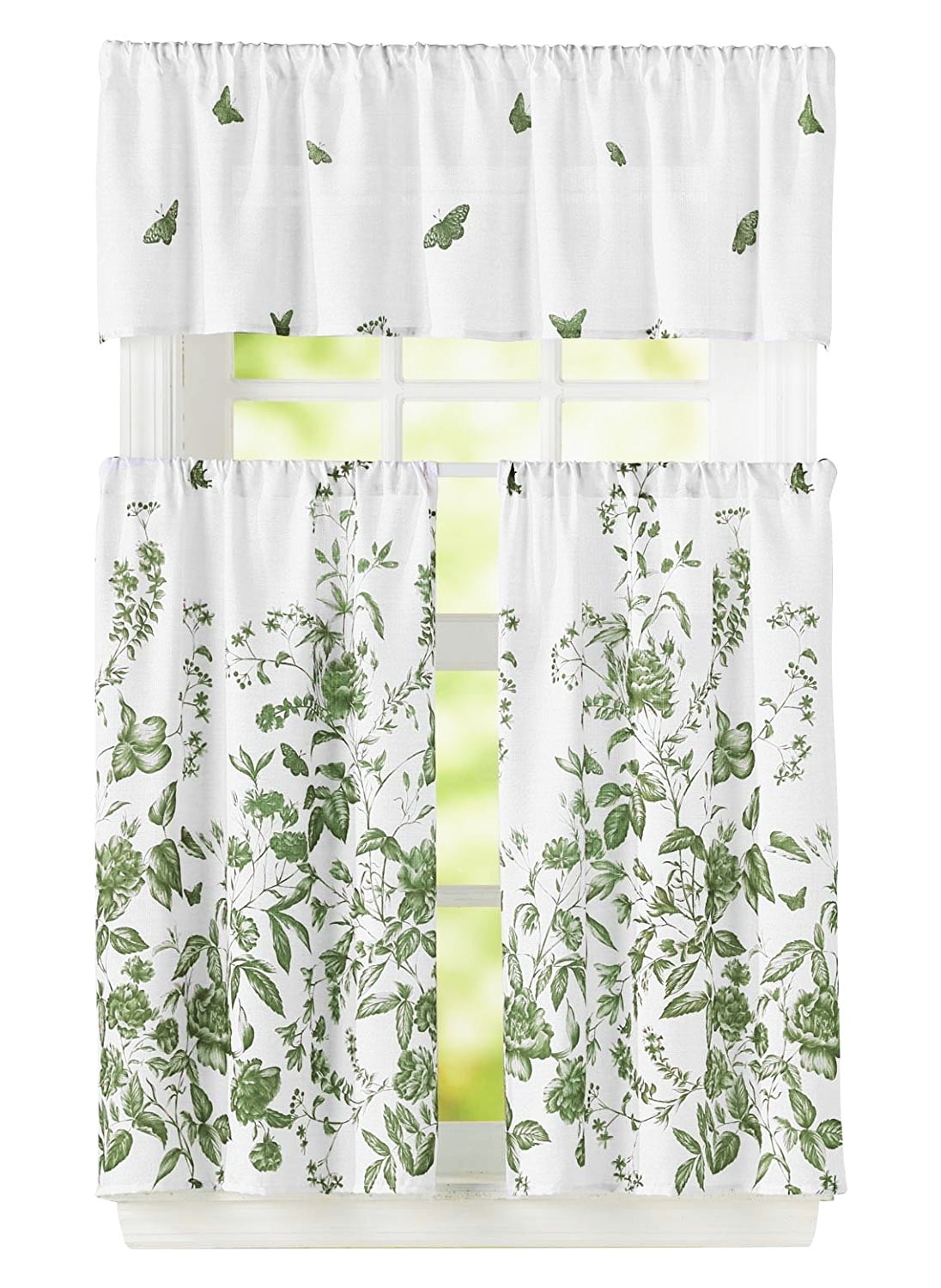 Bathroom and More 3 Piece Window Curtain Set Floral Design, One Valance, Two Tiers (Sage Green
