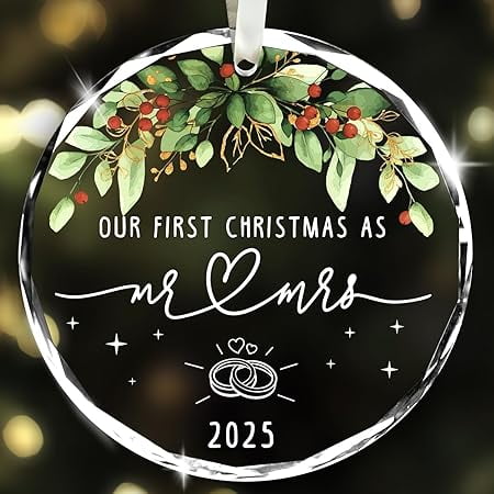 NewEleven Romantic Gift for Newlyweds Christmas 2025 First Christmas Mr & Mrs Glass Ornament, Wedding Keepsake Decoration