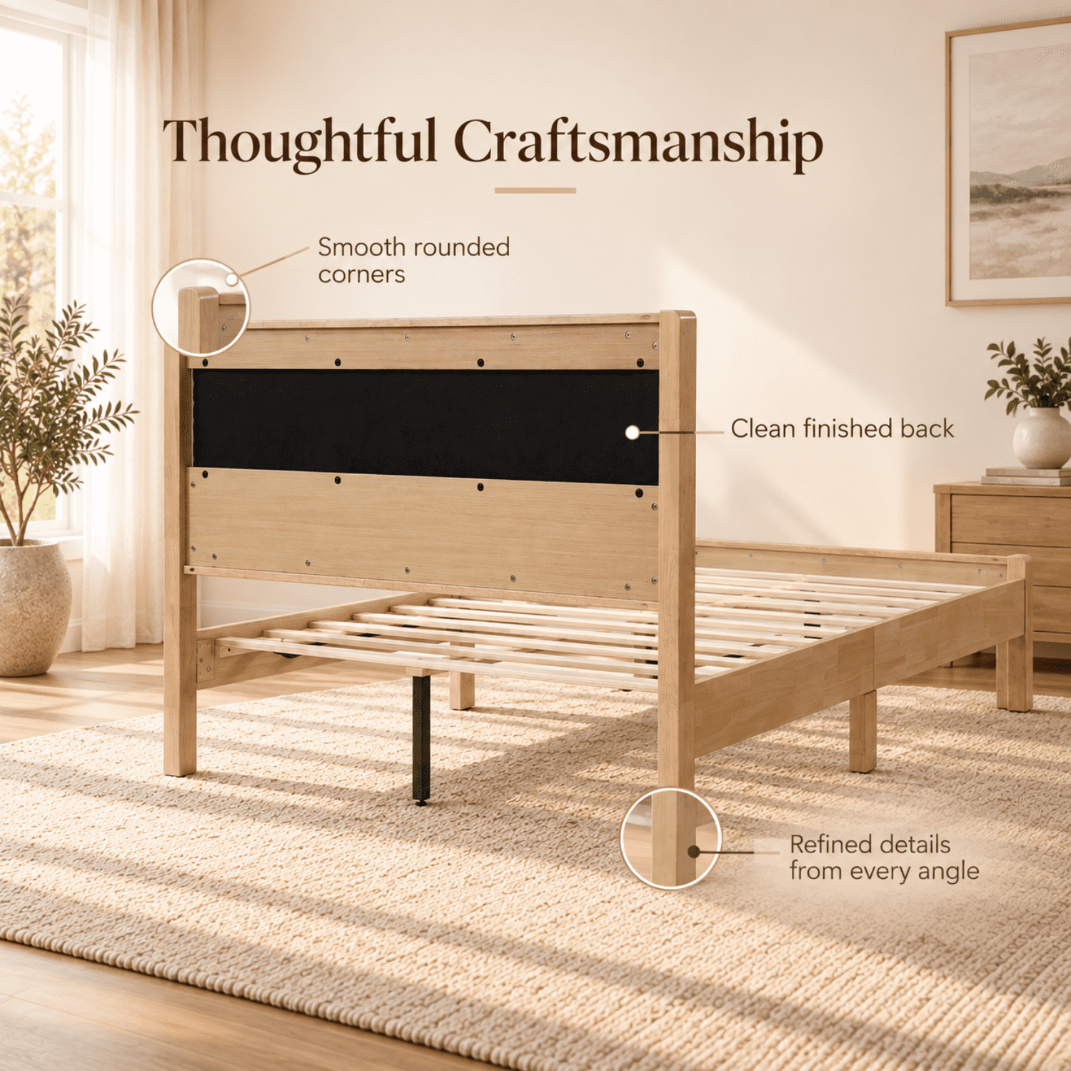 Miniyam Queen Rubberwood Platform Bed Frame with Padded Upholstered Headboard, Natural