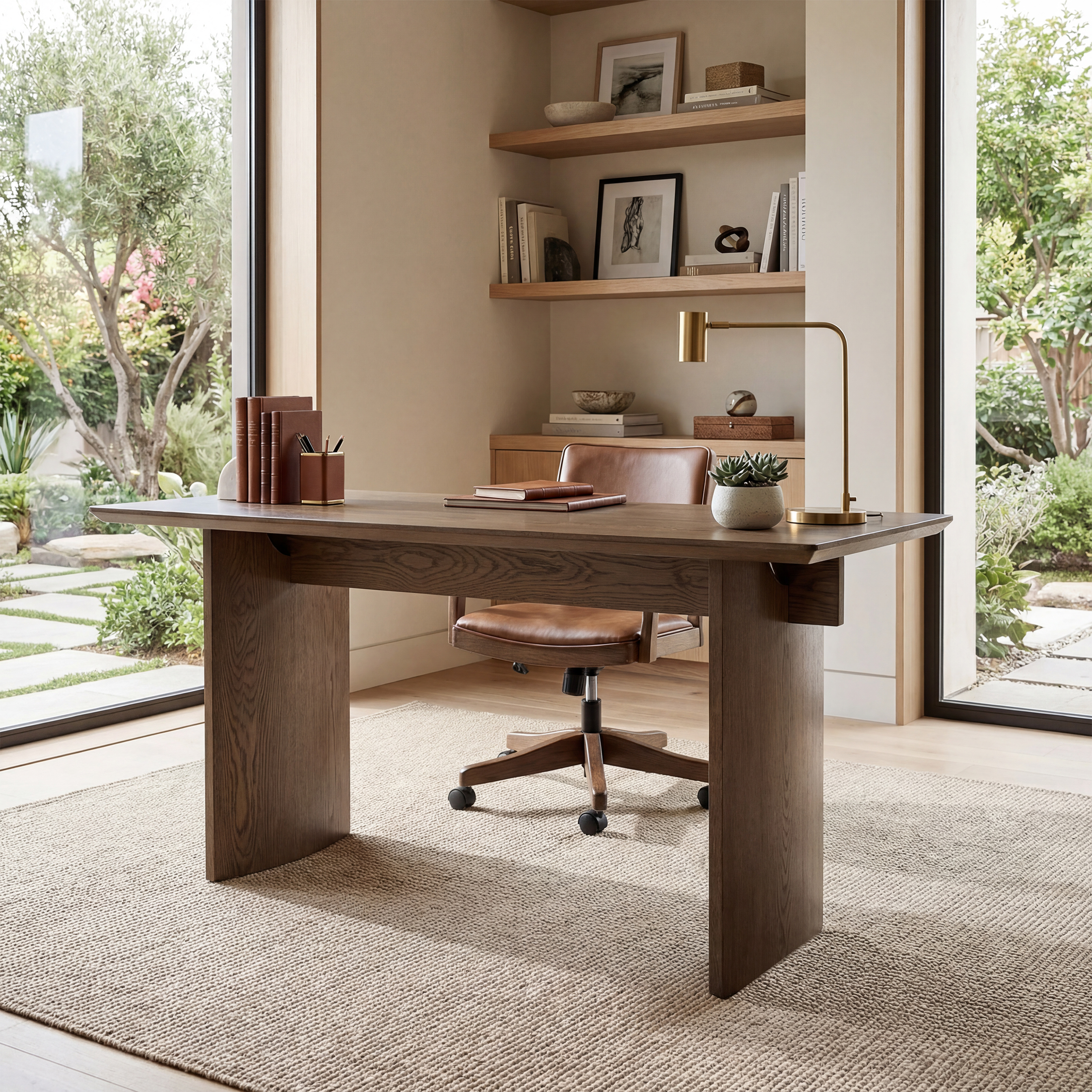 Guyou 55" Natural Oak Desk, Light Wood Finish MDF Study Table, Versatile Vanity & Office Desk with Sculptural Legs, Sturdy Two-Pedestal Design for Work & Study, Walnut